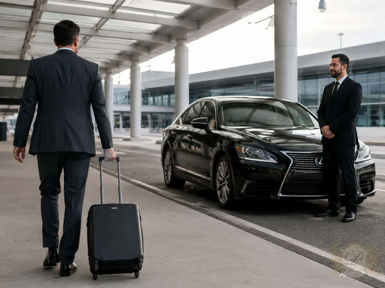 Lexus sedan providing curbside airport pickup for a corporate traveler