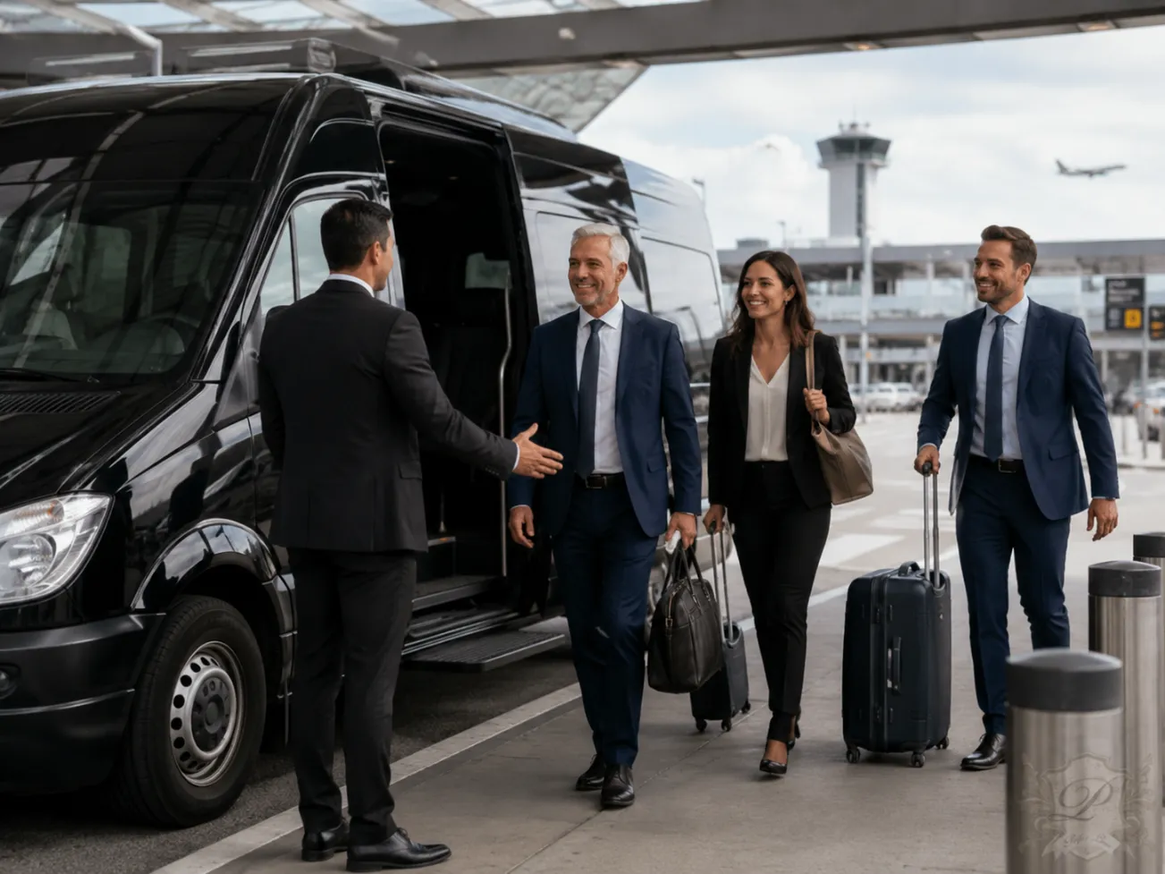 Airport meet and greet transportation for corporate travelers using a Mercedes Sprinter