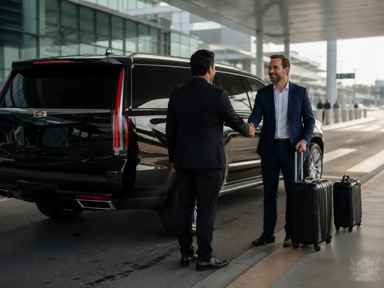 Cadillac Escalade illustrating airport meet and greet versus curbside pickup for corporate travelers